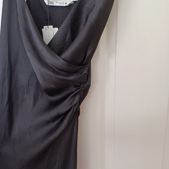Zara Strappy Satin Effect Gathered Slip Midi Dress Black XS NWT - Picture 7 of 10